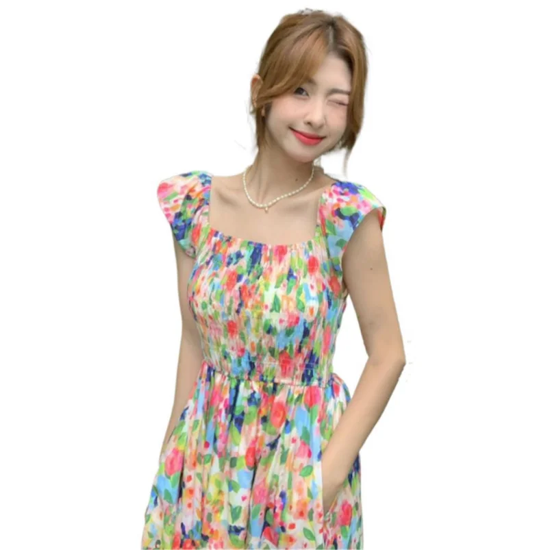 

Summer Cottton Comfortable Square Collar Flying sleeve Sweet Print Cute Long Dress Slim High Waist Chic Lovely Female Vestidos