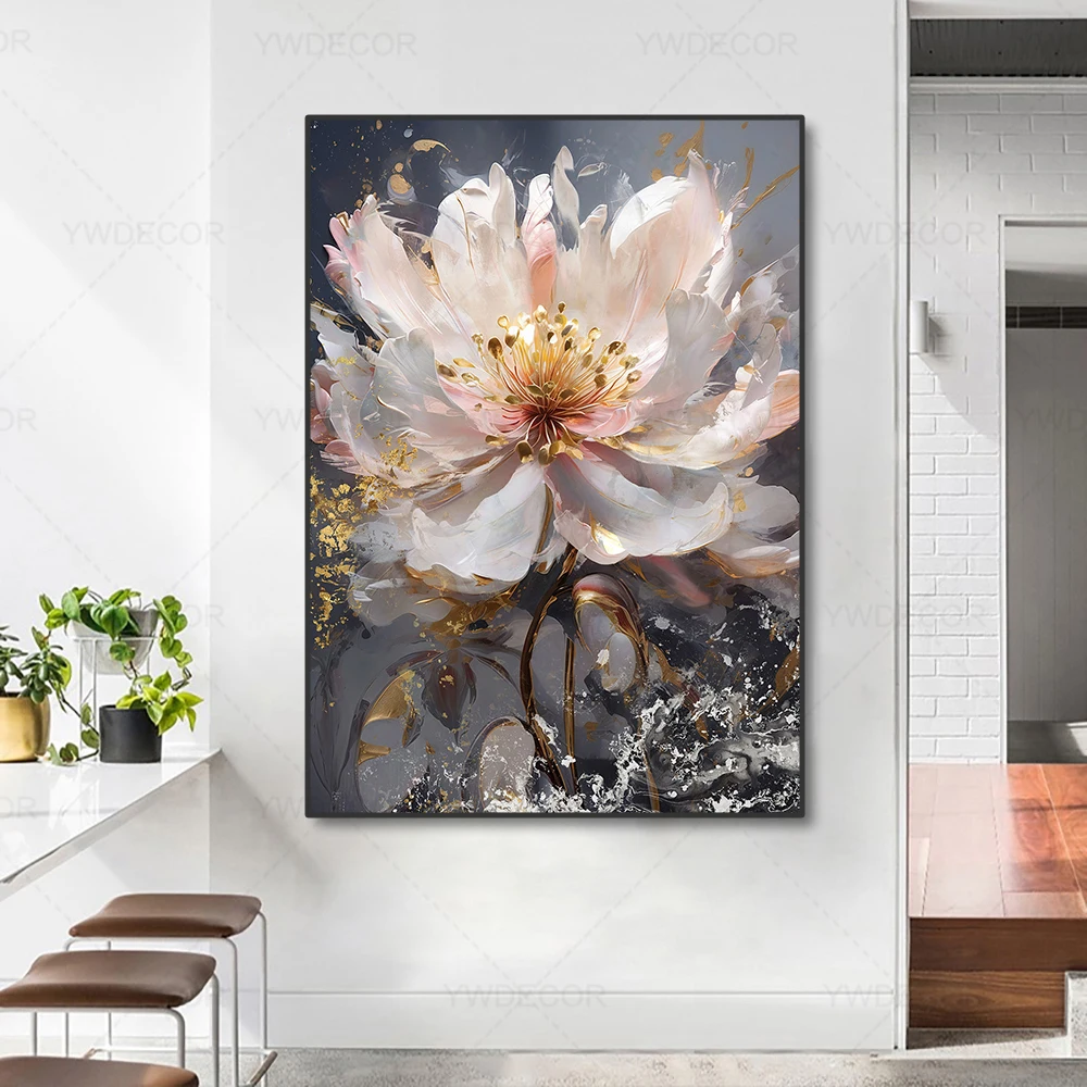 Abstract Gold Beige Floral Canvas Painting Modern Luxurious Poster Wall Art for Living Room Wall Decor Office Decor