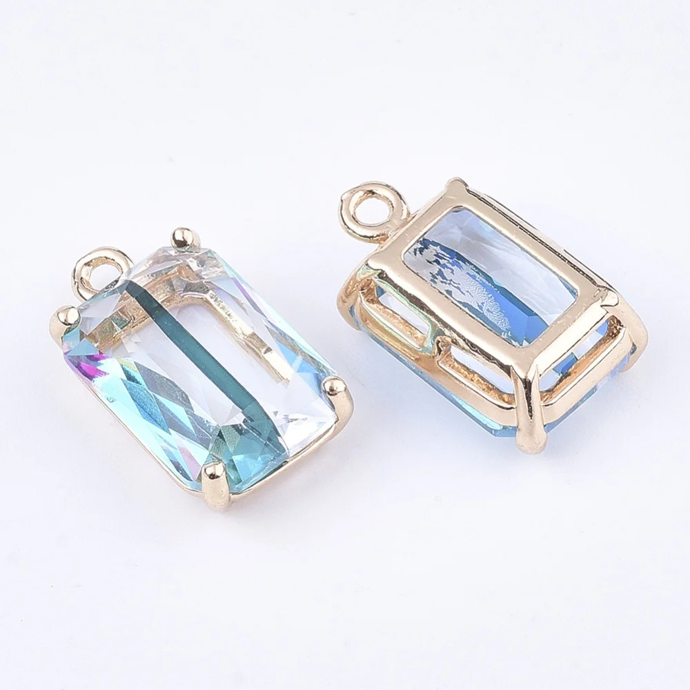 Pendentifs en verre Transparent, maillons en laiton, résultats à facettes, fleur Rectangle, larme ronde AB couleur or clair, 2-5 pièces