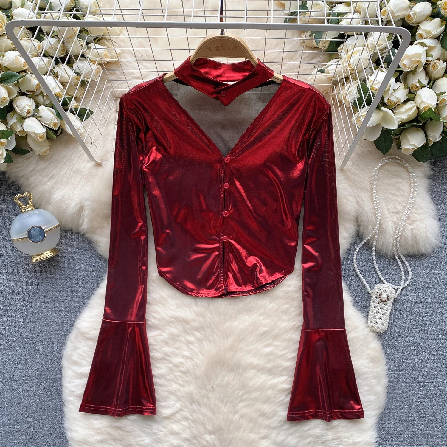 

Vintage Flare Sleeve Long Sleeve Halter V-neck Blouse Elegant Korean Fashion Sexy Spring Summer Women Shirt Single Breasted