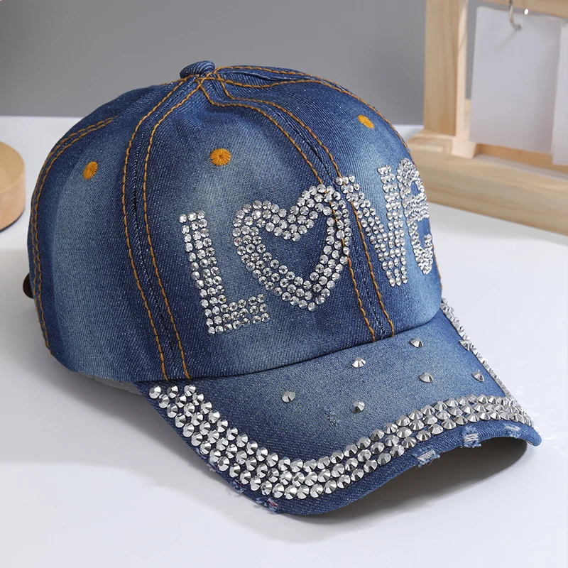 A Women’s Sparkle Bling Rhinestone Bejeweled Cotton Denim Baseball Cap