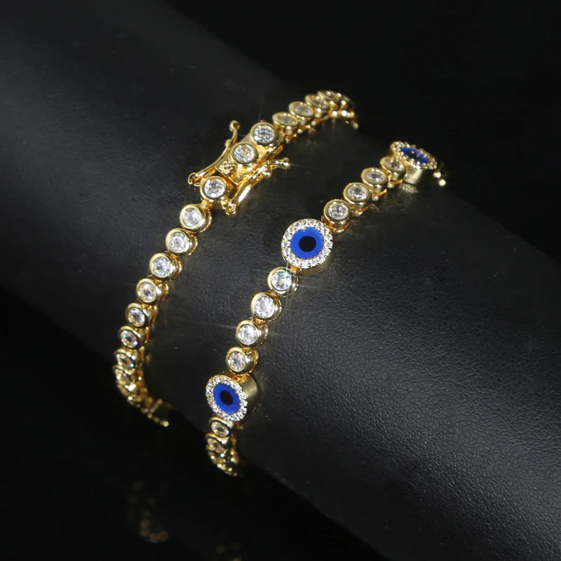 Gold Plated Round Bezel Set Tennis Chain Lucky Turkish Evil Eye Charm High Quality Sparking CZ Bracelet