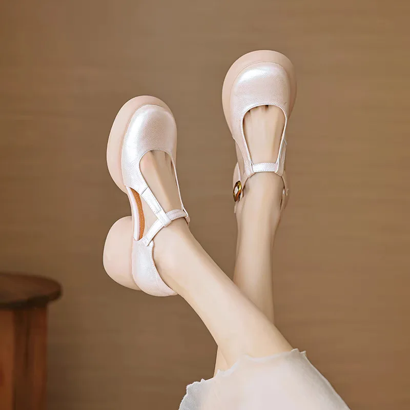 

2025 Soft Bottom Baotou Sandals Women Summer Round Head High Heels Thick Heels Soft Leather Thick Bottom Pink White Single Shoes