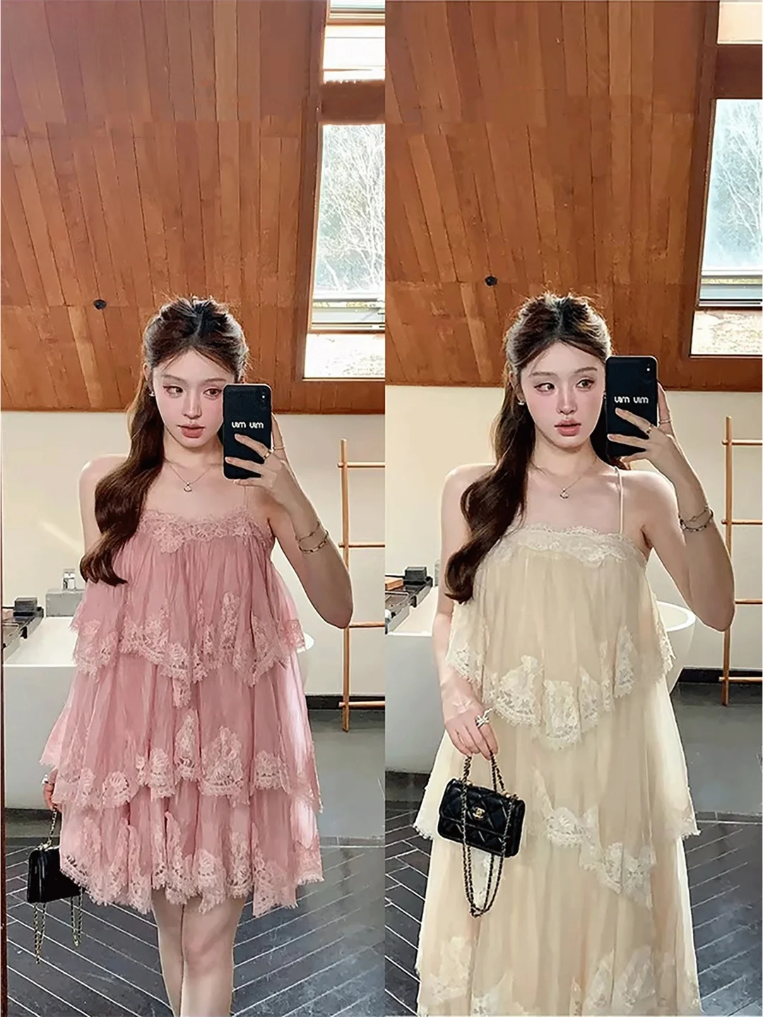 Vestido Feminino Yang Xiaolei Rosa com Renda e Alças, Saia em Camadas, Estilo Fada, para Praia e Férias, Longo ou Curto, Eleg...