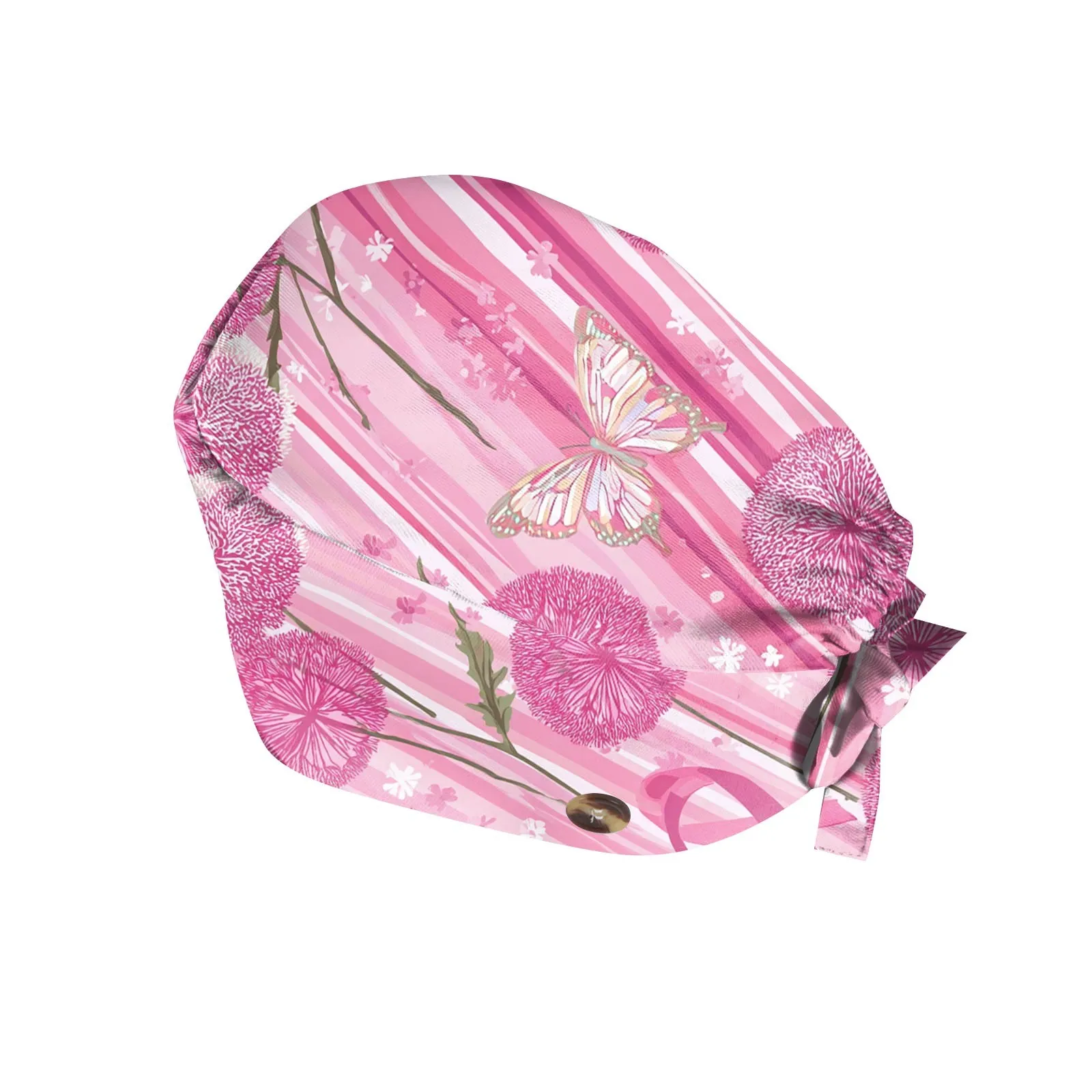 หมวกพิมพ์ลายริบบิ้นสีชมพู หมวกสครับแบบปรับได้ หมวกทำงานร้านเสริมสวย หมวกห้องปฏิบัติการ ร้านขายสัตว์เลี้ยง หมวกพยาบาลแบบมีกระดุม