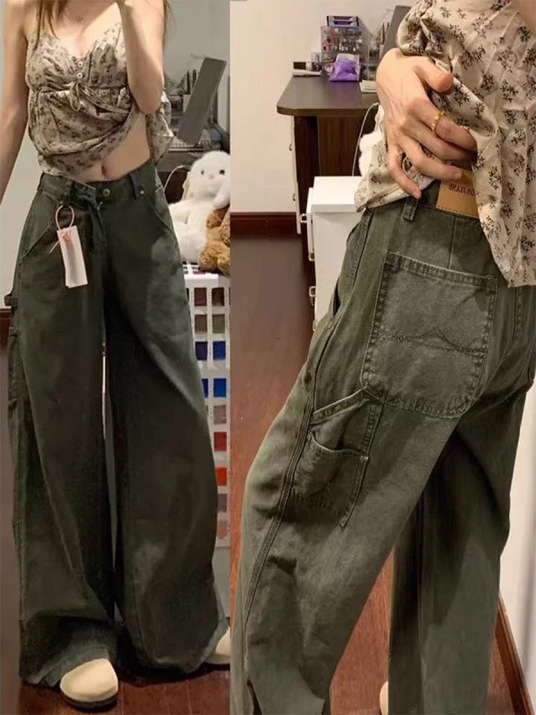 

Джинсы с высокой талией в американском ретро-стиле, цвета хаки, с эффектом утяжки, для женщин, рабочая одежда, джинсовые брюки, для фигуры типа «груша», с функцией коррекции фигуры