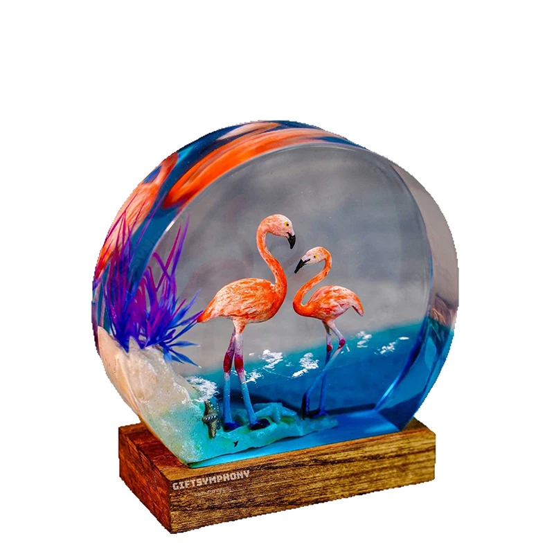 Flamingo คู่ Ocean เรซิ่นโคมไฟภูมิทัศน์ธรรมชาติตาราง Creative Art ตกแต่งโคมไฟธีมสัตว์ Night Light ชาร์จ USB