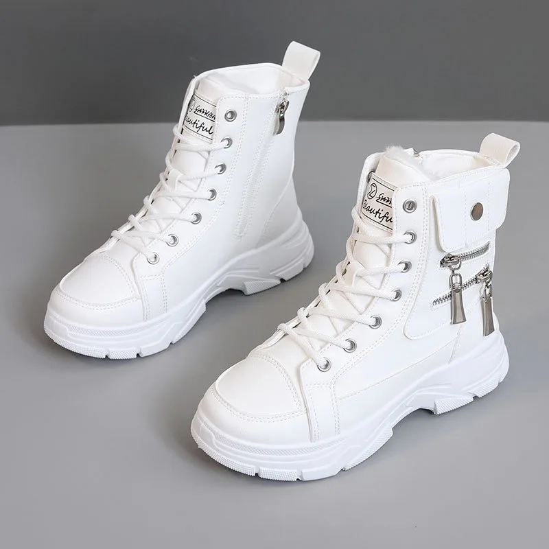 

Women's Winter Boots Fashion Leather Casual Shoe High-top Sneakers for Women Plush Warm Cotton Shoes Zipper Platform Short Botas