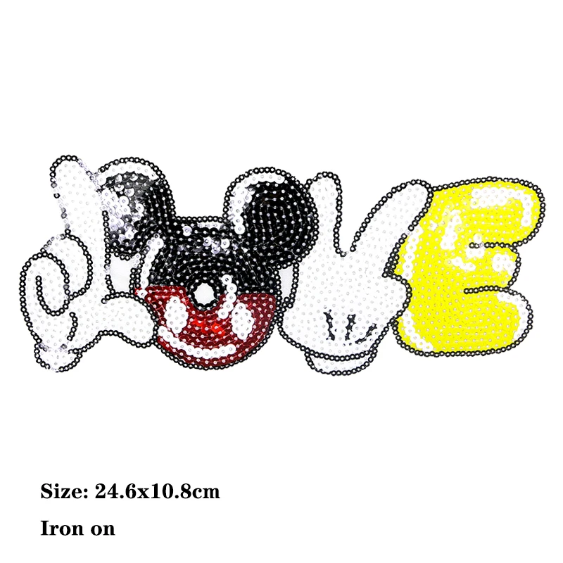 Disney Mickey Mouse Love Shiny Chenille Icon Towel Embroidery Applique Patches For Clothing DIY Sew up Patch on the stickers