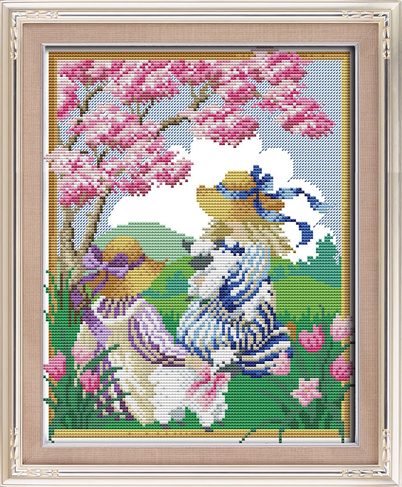 Four Seasons girl cross-stitch living room bedroom hanging painting, 11CT/14CT manual embroidery