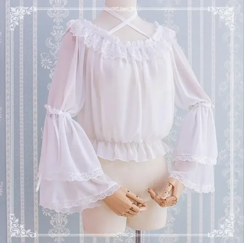 NONSAR Sweet Japanese Slash Neck JK Chiffon Shirt Female Student Lolita Solid Long Sleeve Loose Blouse