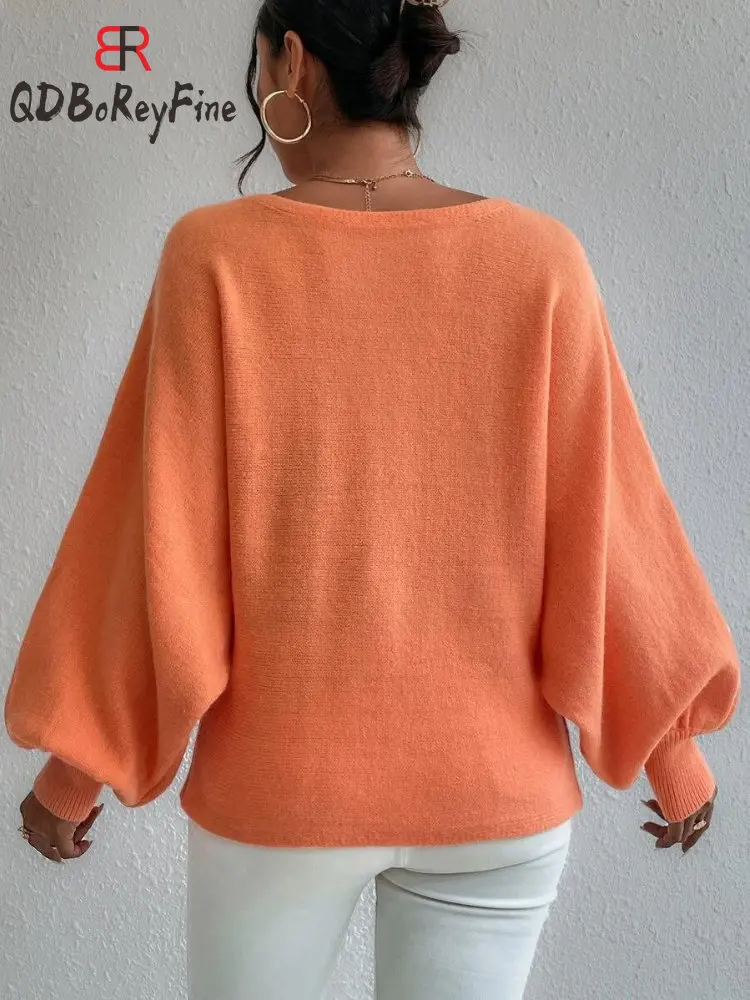 Women‘s Winter Pullovers Warm Print Lantern Sleeve Off Shoulder Casual Tops  Knitted Oversized Sweater Women 2024 New In Jumper