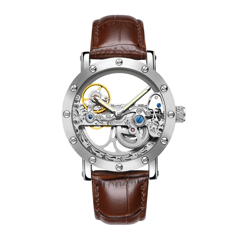 Luxury Brand WOONUN Leather Strap Transparent Dial Golden Case Mens Watches Automatic Mechanical Orologio Men