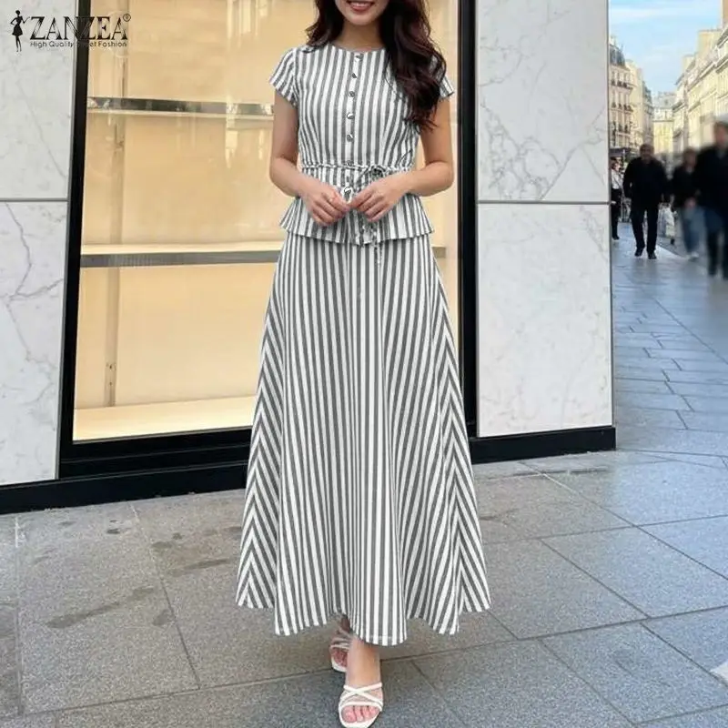 Sommerliche gestreifte Rockanzüge für Damen, lässiges Kurzarmhemd und langer A-Linien-Rock, 2-teiliges Set, ZANZEA, elegante Outfits