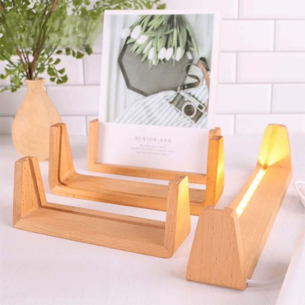 Warm Light Wooden Lighted Base Non-slip U-Shape Design LED Lighted Stand USB Plug in Multi-functional Lighted Picture Frame