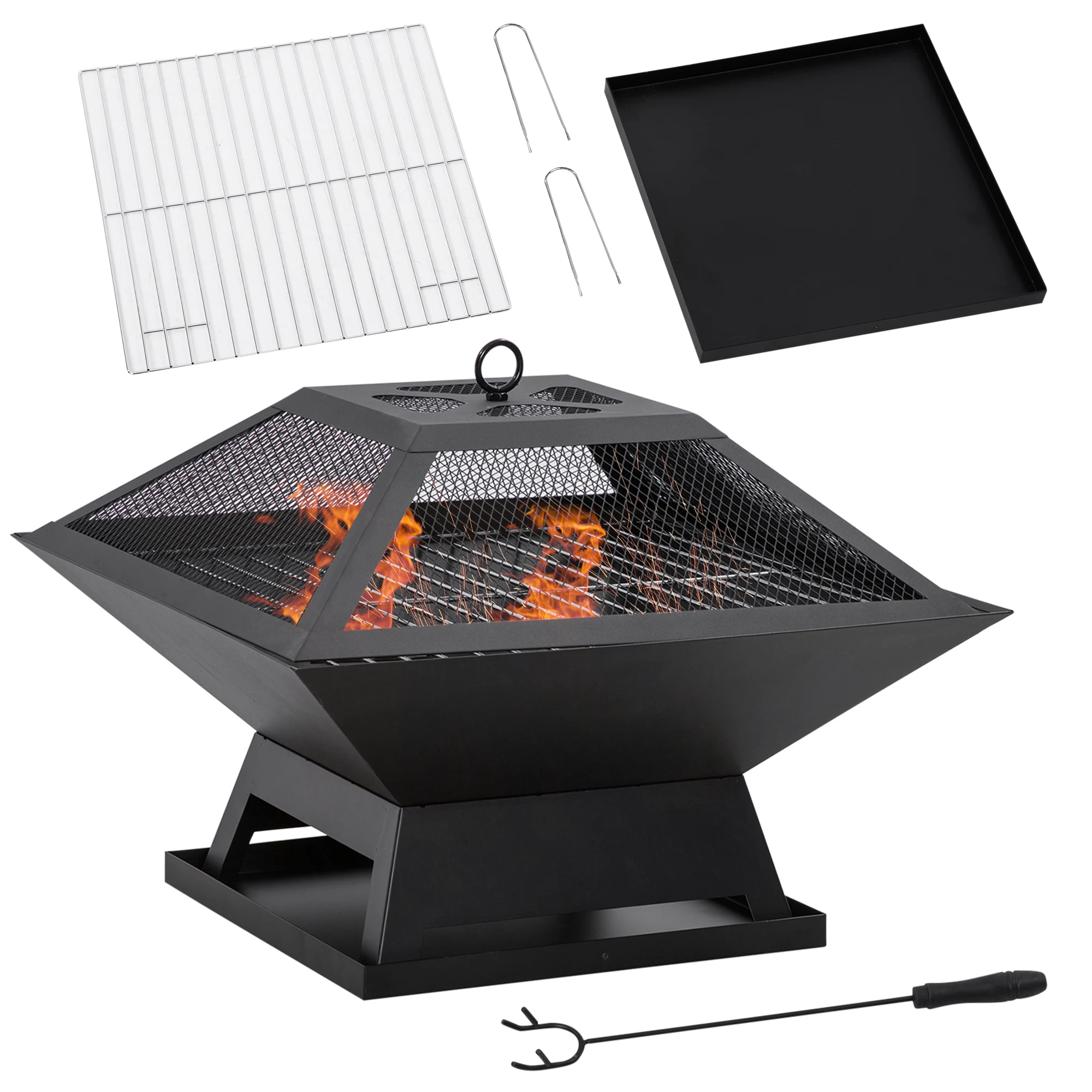 Outsunny Outdoor stalen vuurpot met vonkenbeschermer 45X45X34 cm Zwart