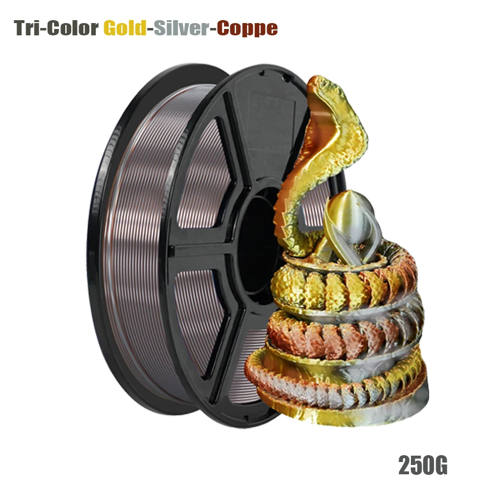 

Шелковая трехцветная нить PLA, нить для 3D-принтера 1,75 мм,-0,03 мм, 250 г/рулон, шелковая PLA золото/серебро/медь