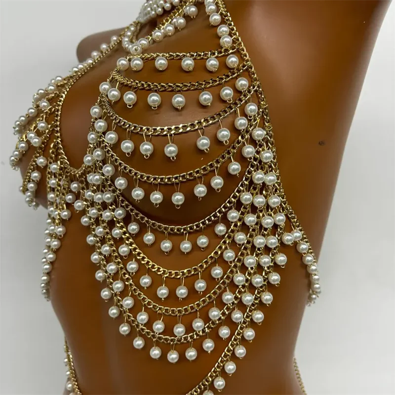 Damen Crop Top, mehrschichtige Perlenkette für den Körper, Neckholder, Perlen-Bralette mit Quasten, sexy, rückenfrei, für Nachtclub, Musikfestival, Rave-Party – Detail 6