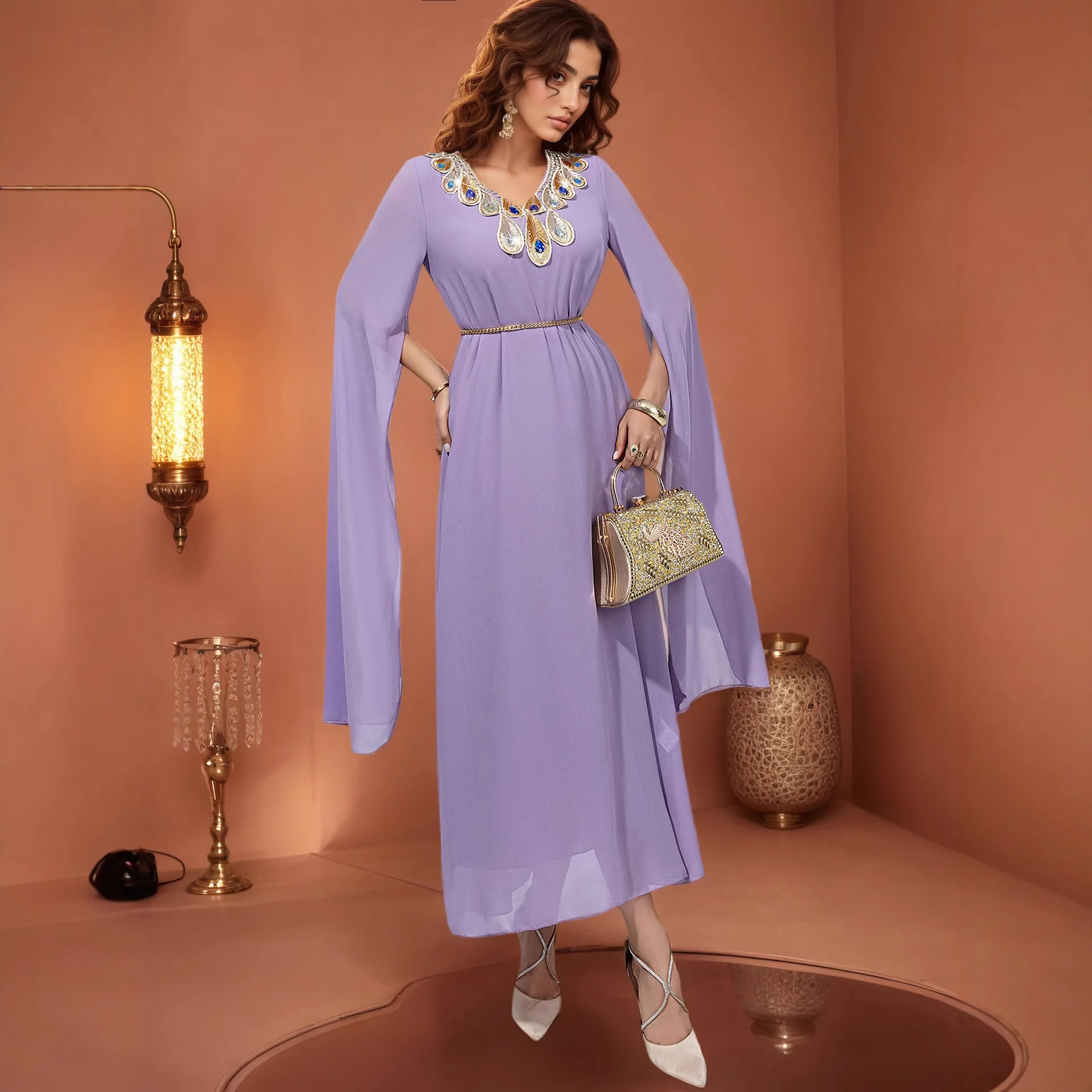Women Purple V-neck Diamond Patchwork Casual Trendy Elegant Daily Dresses Muslim Fashion Arabian Turkey Middle East New Clothes