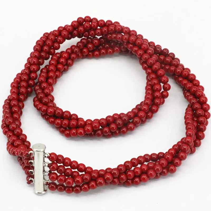 New artificial coral 4mm winding strand beads necklace red round 4 rows chain fashion party weddings gifts diy jewelry 18\