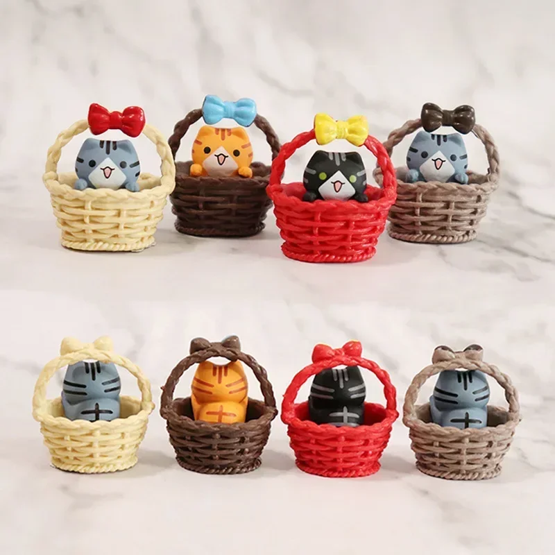 

4Pcs Set Cute Basket Cat Ornament Miniature Kitten Figurines Statue for Kids Children Birthday Gift Room Garden Car Decoration