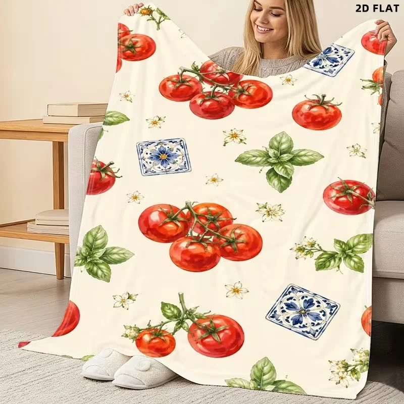Watercolor Tomato Basil Tile Throw Blanket Soft All‑Season Decor Travel Nap Blanket Unique Kitchen Style Housewarming Gift