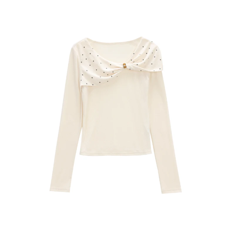 ALXNAN เสื้อยืดผู้หญิง 2025 ฤดูใบไม้ร่วงแอปริคอทแขนยาวใหม่ลายจุดบิดแฟชั่นสลิมฟิตลำลองสุภาพสตรีเสื้อยืดท็อป L57026-1