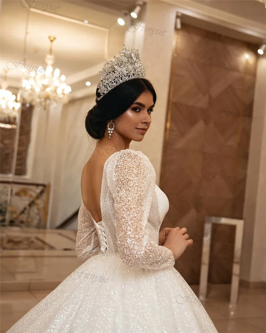 Funyue dubai vestidos de casamento de luxo glitter lantejoulas manga longa vestido de noiva árabe para noiva