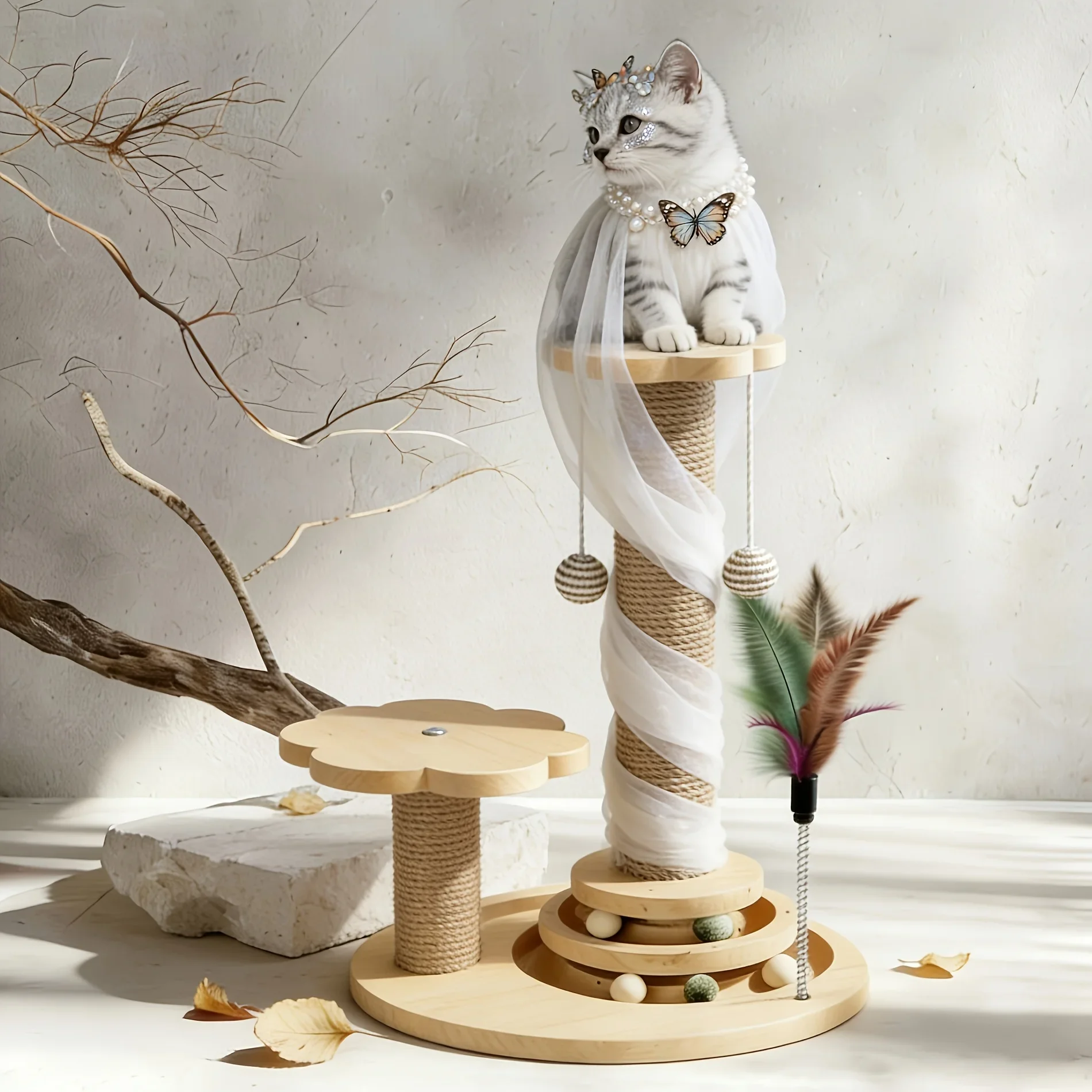 

Cat Tree Tower All In One Activity Center Sisal Scratching Post Cozy Sleeping Area 2 Tier Ball Track Teasing Cat Stick Toy Balls For Indoor Cats Kittens