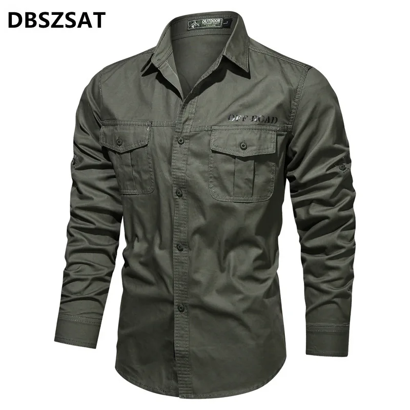 Spring Autumn Shirt Men Casual Shirts Multi-pockets Military Cotton Shirt Casual Fashion Solid Tooling Camisas Para Hombre M-4XL