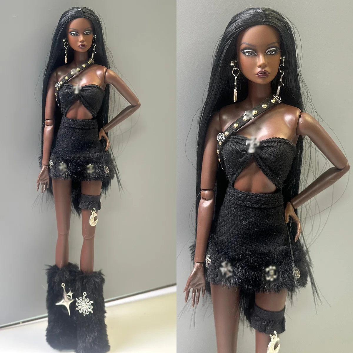 

Fashion Y2K Spice Girls Sexy Black Vest+Half Skirt+Leg Covers Set For 1/6 Babi Xianxian Supermodel Doll Street-style Dress Up