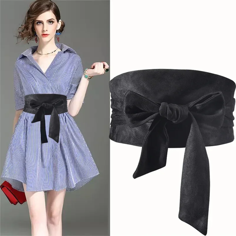 Women's Fashion Waist Belt Korean Style Suede Bow-Knot Waistband Wide Decorative