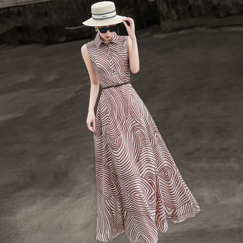 

MEXCOCO 2026 Summer New Elegant Noble Striped Dress, Women Sleeveless High-end Big Swing A Line Midi Dress