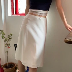 Deeptown elegante weiße Frauen Satin Rock Fairycore Rüschen Mittel röcke Coquette A-Linie Basic lässig koreanischen Stil Sommer Seiden rock