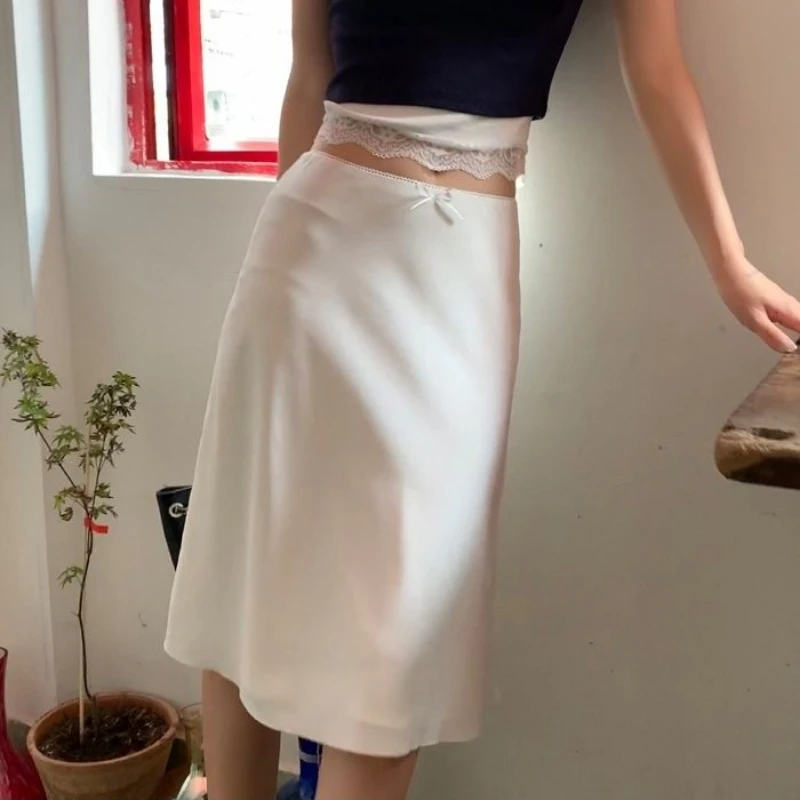 Deeptown Elegant White Women Satin Skirt Fairycore Ruffle Mid Skirts Coquette A-line Basic Casual Korean Style Summer Silk Skirt