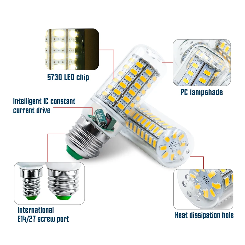 Imagem -03 - Lâmpada Led Halógena de Milho Lâmpada Lustre 5730smd 360 Ângulo de Feixe Substituir Lâmpada E27 E14 220v240v 24 36 48 56 69 72 Leds