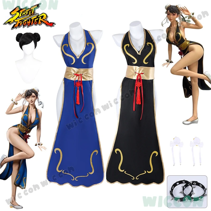 

Game Street Fighter Chunli Cosplay Pretty Girl Chunli Battle Costume Wig Sexy Cheongsam Street Fighter Black Dress Blue Dress