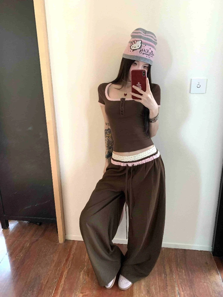 

Color blocking U-neck short sleeved slim fit T-shirt summer casual loose wide leg pants commute fashion two-piece set