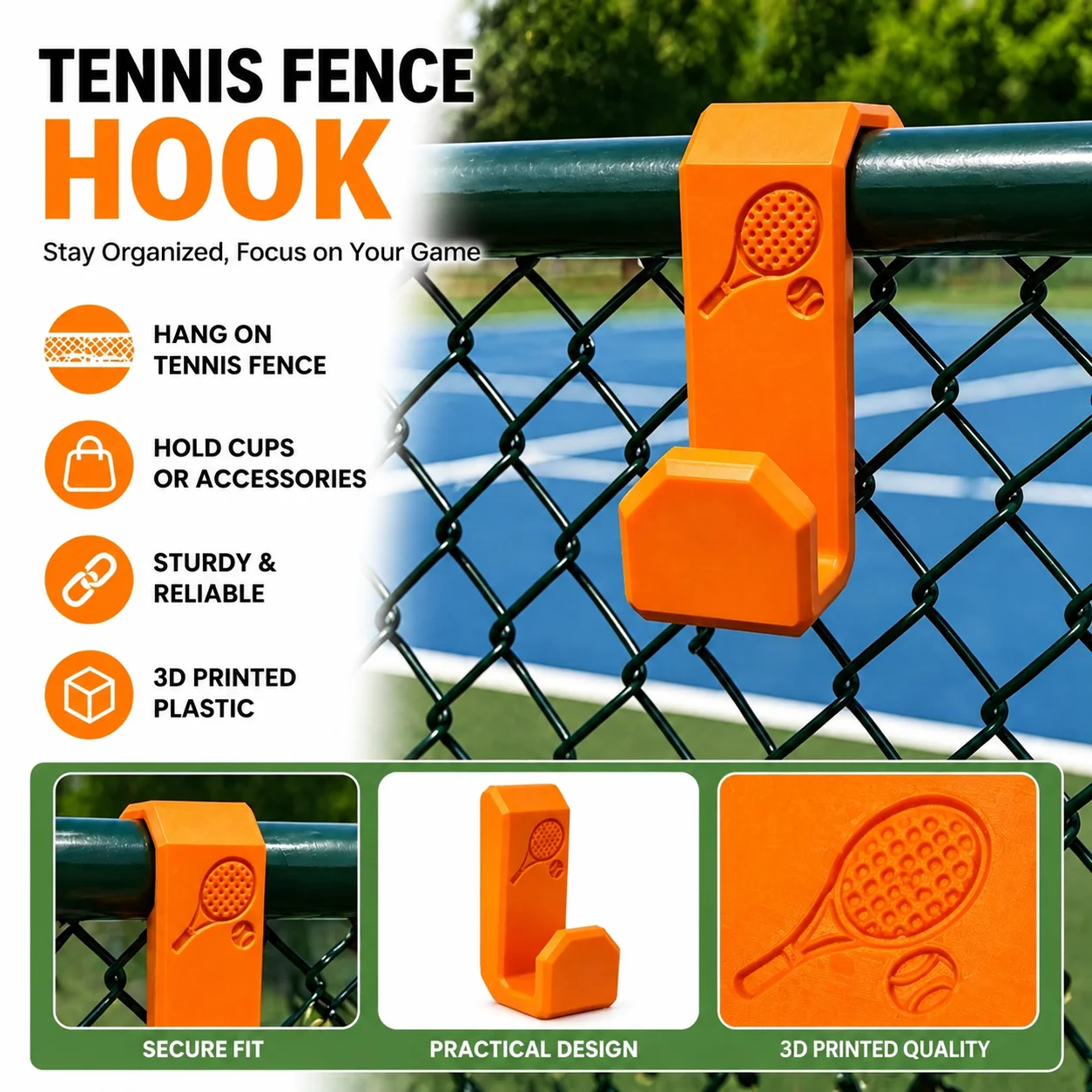 Tennis Pickleball Fence Hook Wall Mounted Sports Organizer for Court, Hanging Bags Towels Clothes Outdoor Plastic Rack