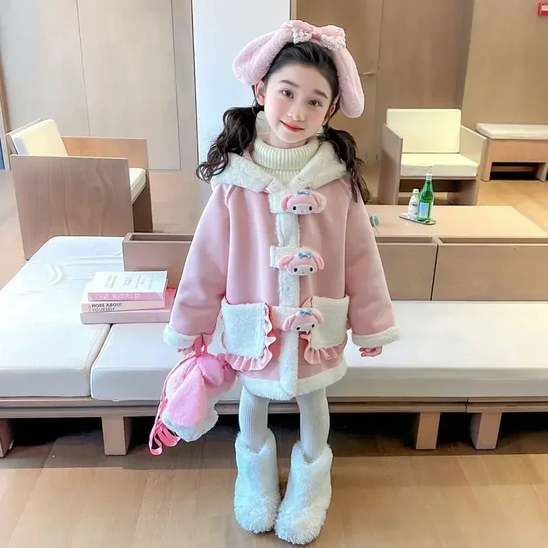 

Sweet My Melody Anime MINISO Long Sleeve Coat Cute Cartoon Kawaii Fleece Thickened Children Jacket Lovely Gifts for Girls