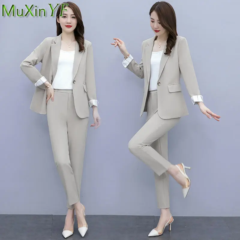 Korean Office Lady Graceful Blazers Sling Vest Pants 3 Piece Set 2022 Women's Work Clothing Outfits Suit Jacket Pencil Trousers