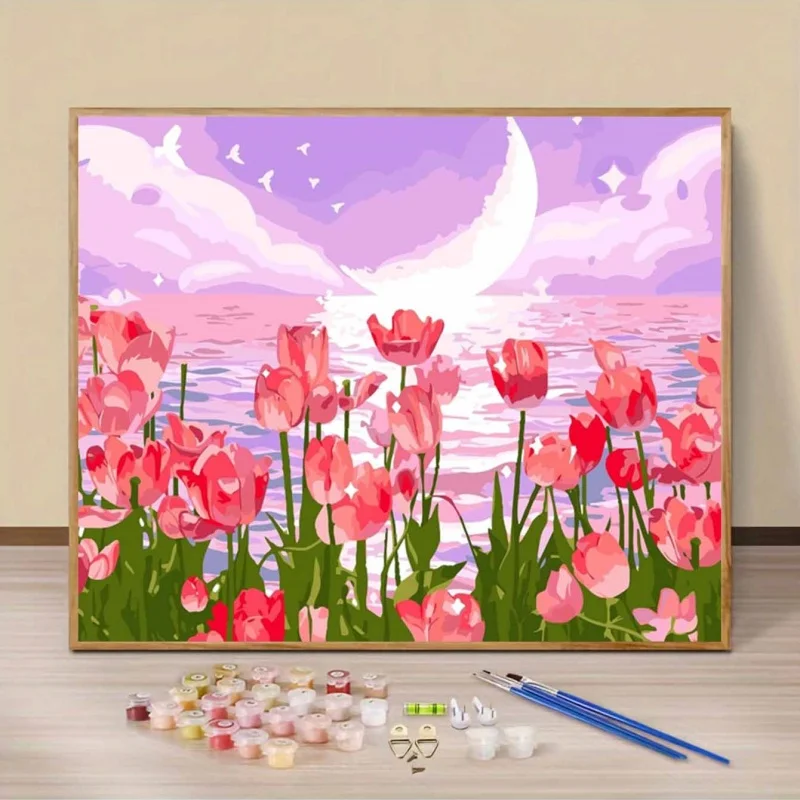 Pink Dream Tulip Seascape Paint By Numbers Kit Adults Beginner DIY Canvas Stress Relief Home Wall Decor Craft Birthday Gift
