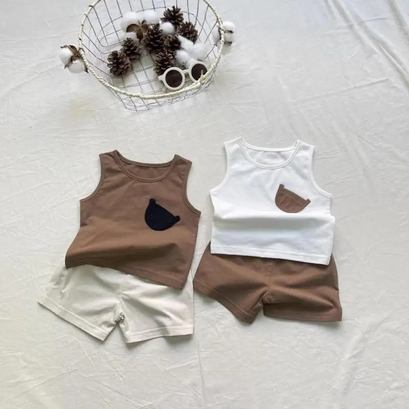 

Летний новый комплект одежды для малышей 2026: милый мультяшный жилет и шорты для мальчиков и девочек, 2 предмета, тонкий хлопковый костюм для малышей