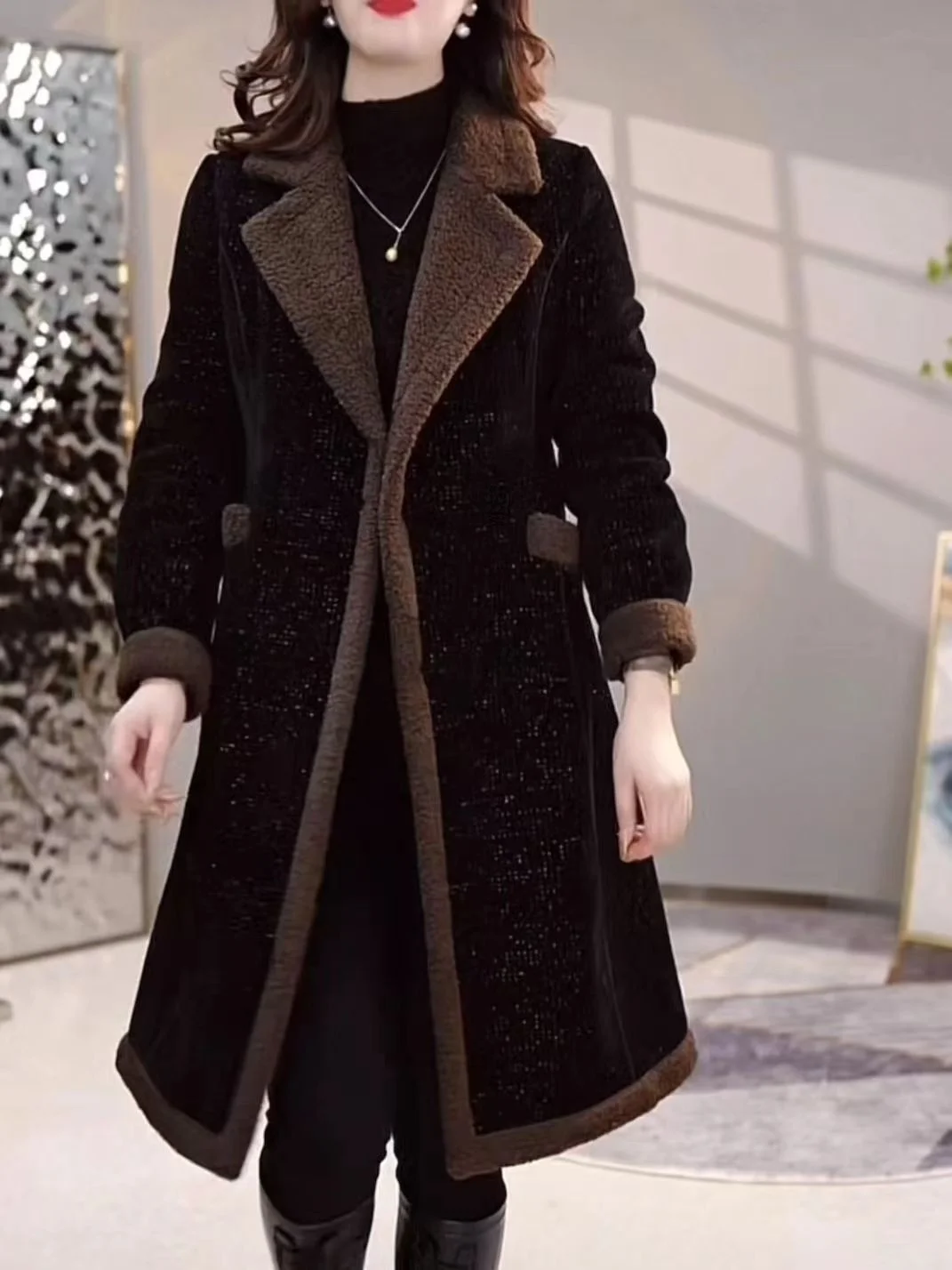 plus Size Women's Fce Lined Jaet Mid-Length Loose Thiened Autumn Winter Coat Korean Sle Long Sve  Collar Butt...