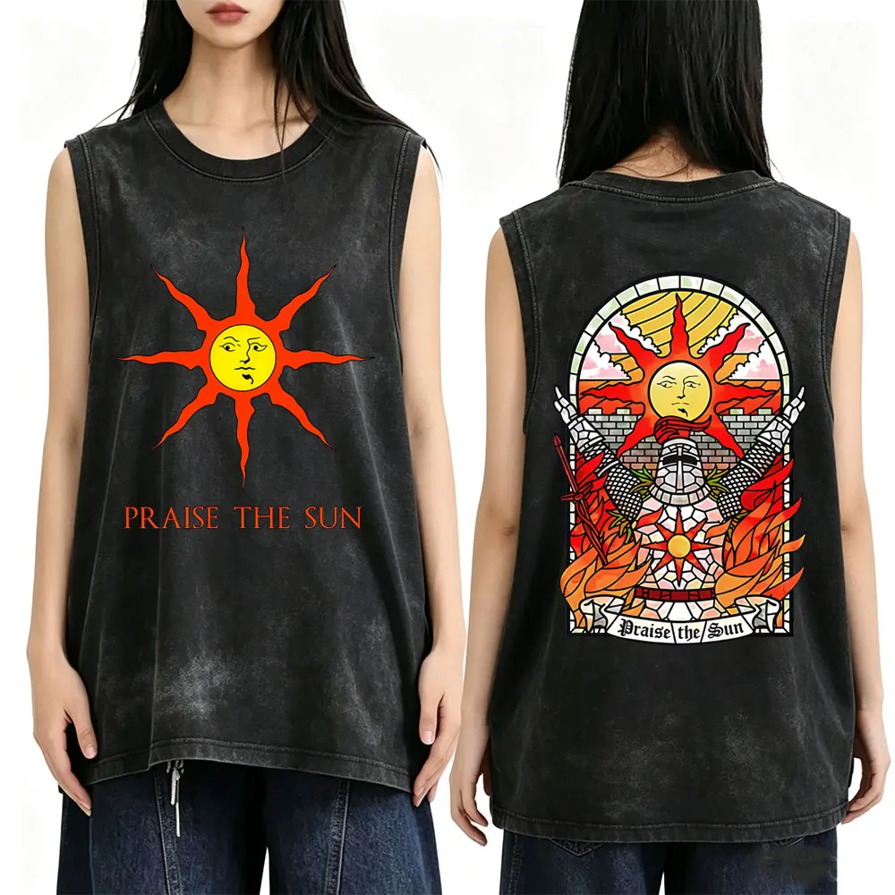 Game Dark Souls Church of The Sun Washed Vintage Tank Tops Praise The Sun T Shirts Men Women Retro Gothic Rock Sleeveless Vest