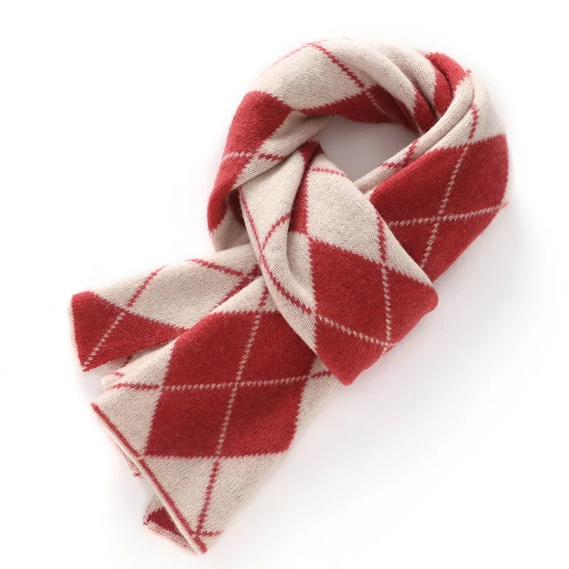 Fashion Colorblock 35% Cashmere Knitted Small Scarf Women's Autumn and Winter Thermal Plaid All-Matching Scarf