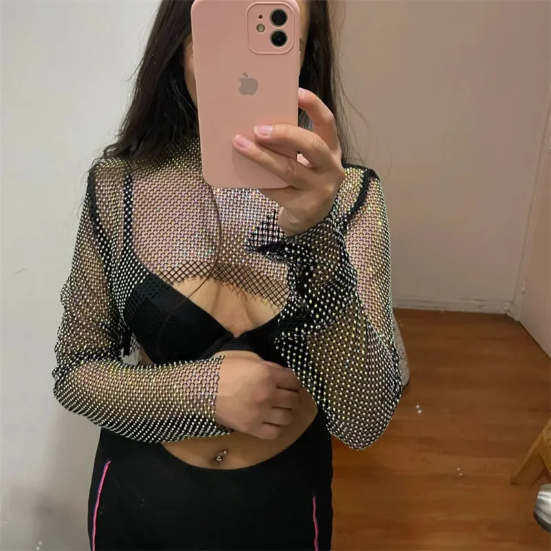 Damen AB Strass Netzstoff Langarm Crop Top Glänzendes Funkelndes Mesh Durchsichtiges Cover-Up Top Sexy Nachtclub Rave Party Festival – Detail 4
