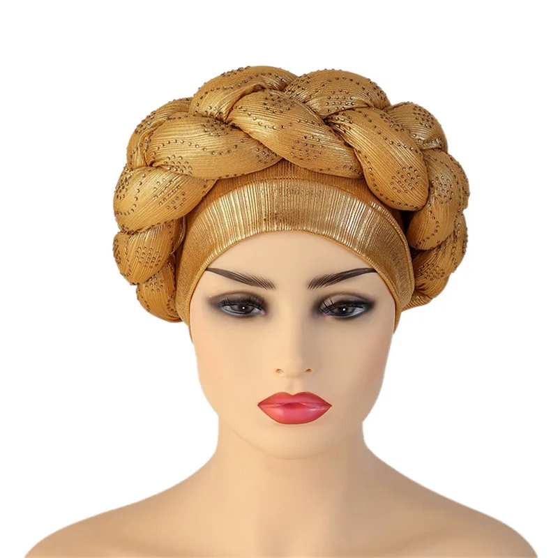 Glitter Diamonds Braids African Autogele Headtie Women Turban Cap Female Head Wraps