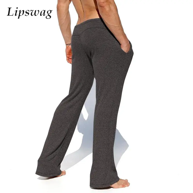 Sexy Slim Ribbed Pants Mens Pajamas Spring Autumn Casual Solid Color Drawstring Trousers Men Sleepwear Leisure Breathable Pants