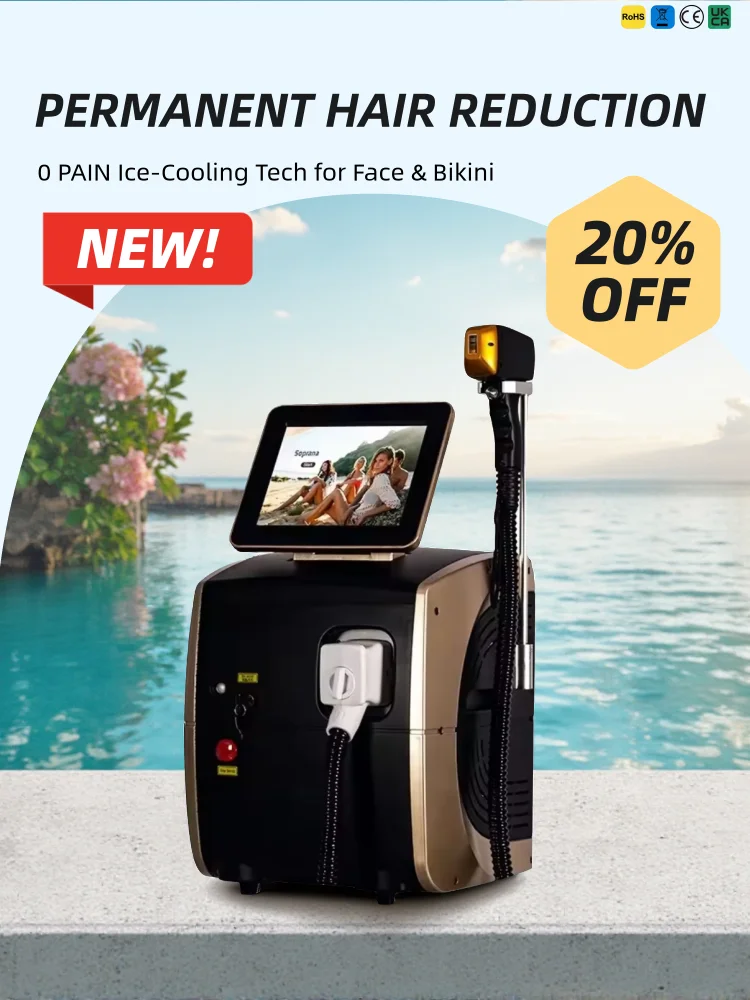 

Профессиональный диодный лазер для удаления волос 4500 Вт, 755 808 1064 нм, Ice Titanium, 4 длины волны, безболезненное удаление волос, технология охлаждения, 2026